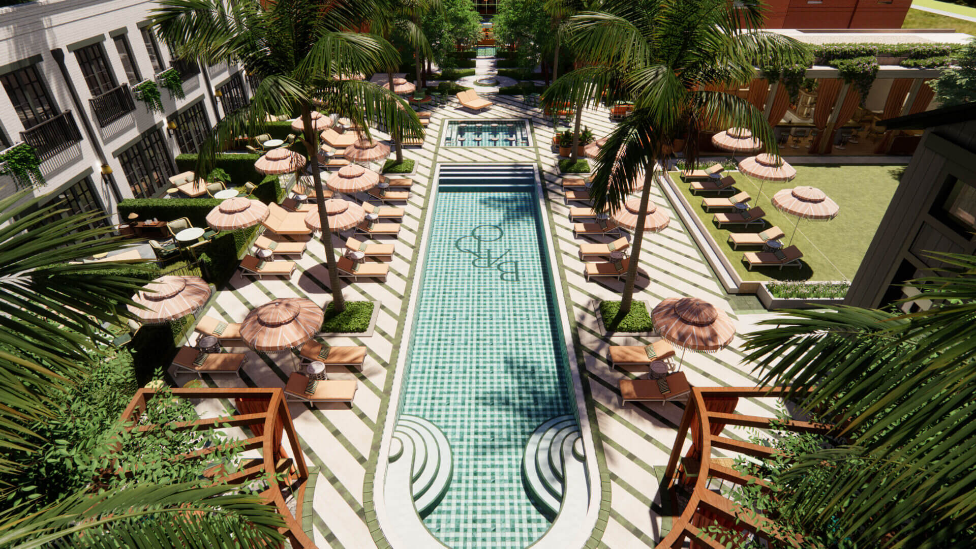 A rectangular outdoor pool is surrounded by lounge chairs with pink umbrellas, palm trees, and striped tile pathways in a sunny courtyard. - HC Beauty in Charlotte, Nc